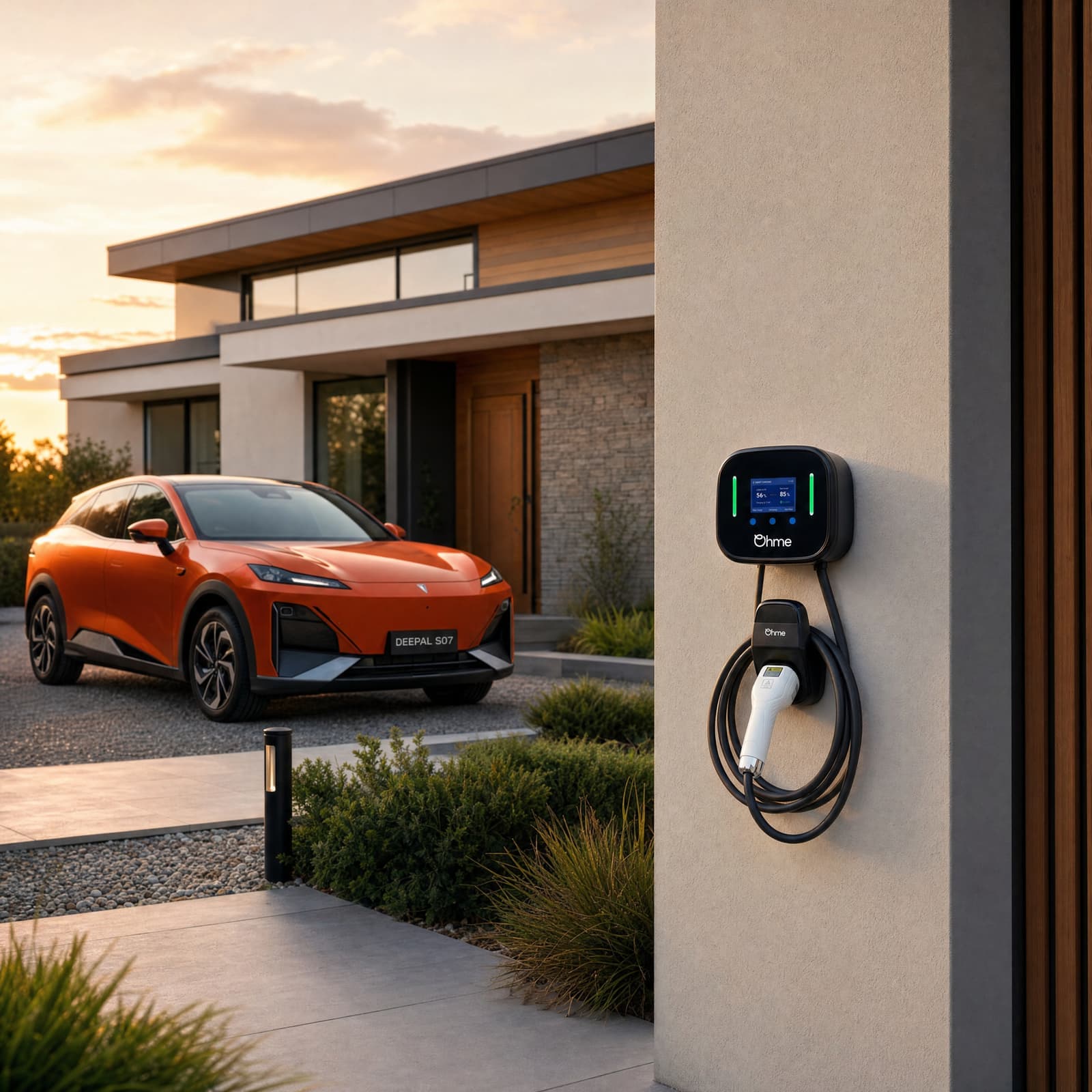 Deepal S07 charging at home with an Ohme charger at sunset